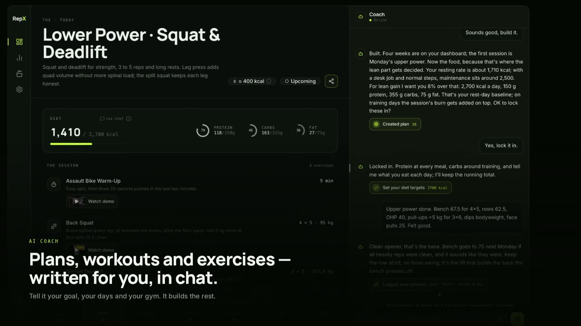 A RepX workout open beside the coach chat, from the tour video